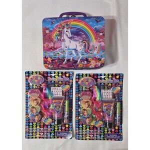 Lisa Frank Rainbow Unicorn Butterflies Embossed Metal Tin Lunchbox Neon Hair Set
